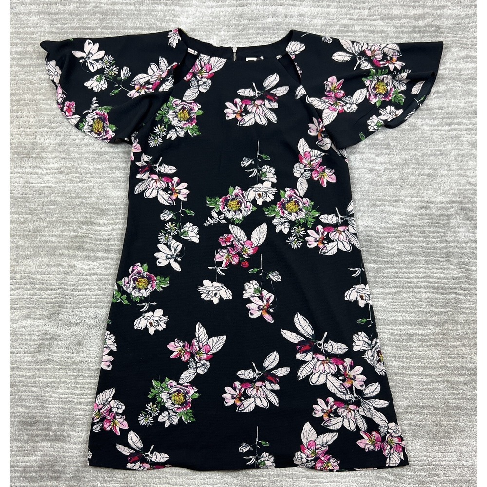Julian Taylor Dress Womens 10 Black Floral Flutter Sleeve Mini Shift Cocktail‎